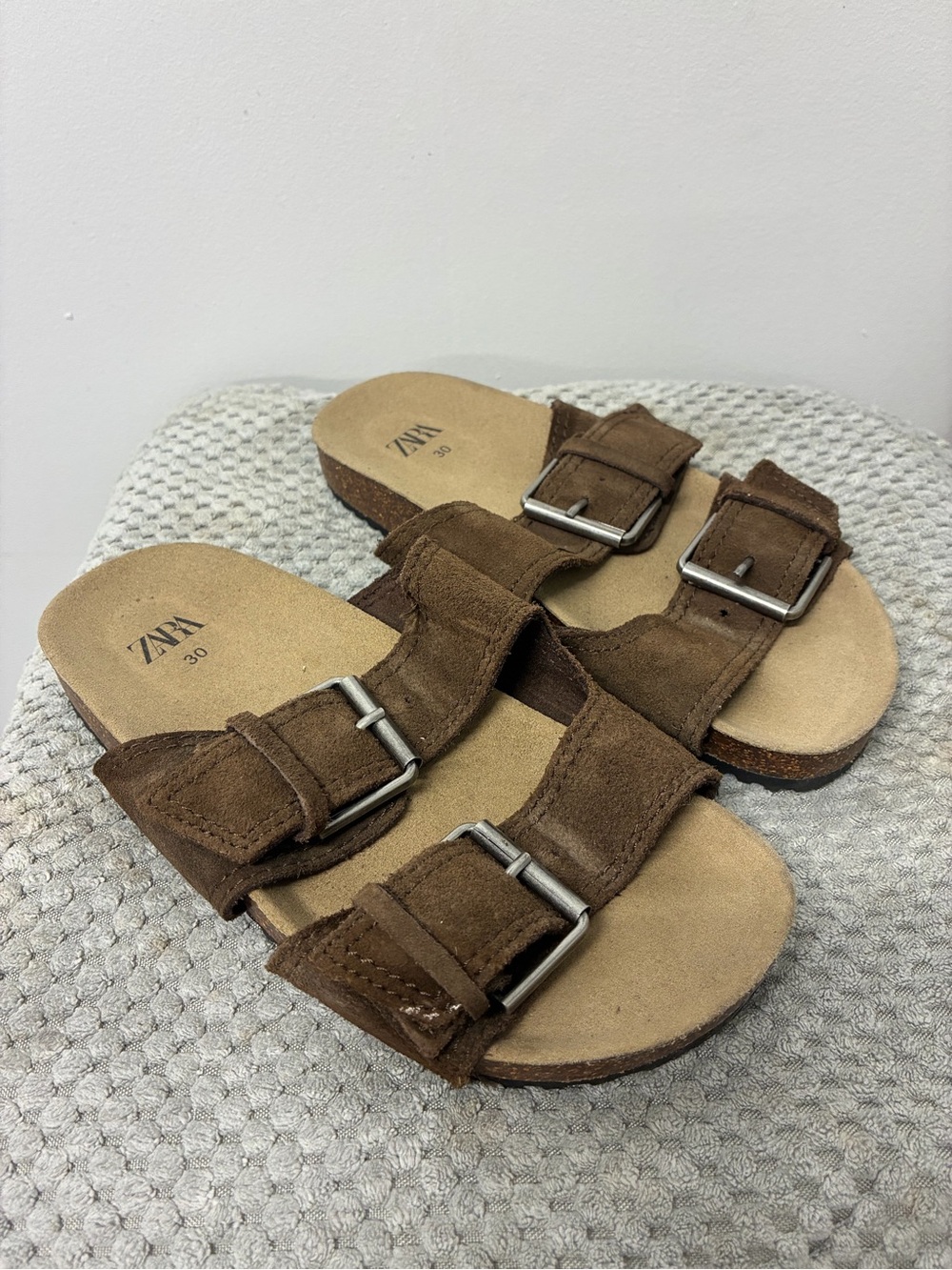 Zara Brown Double-Buckle Suede Slide Sandals